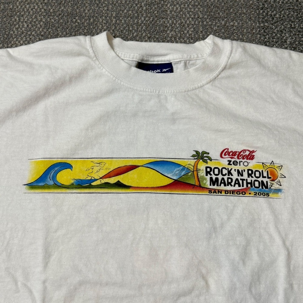 Vintage Coca Cola Zero Rock N Roll Marathon Tee Reebok White Surf Large